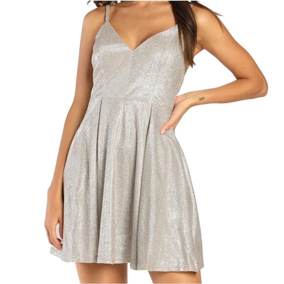 NWT Lulus Lookout Weekend Sparkly Silver Skater Dress S Metallic Fit & Flare - Picture 10 of 10
